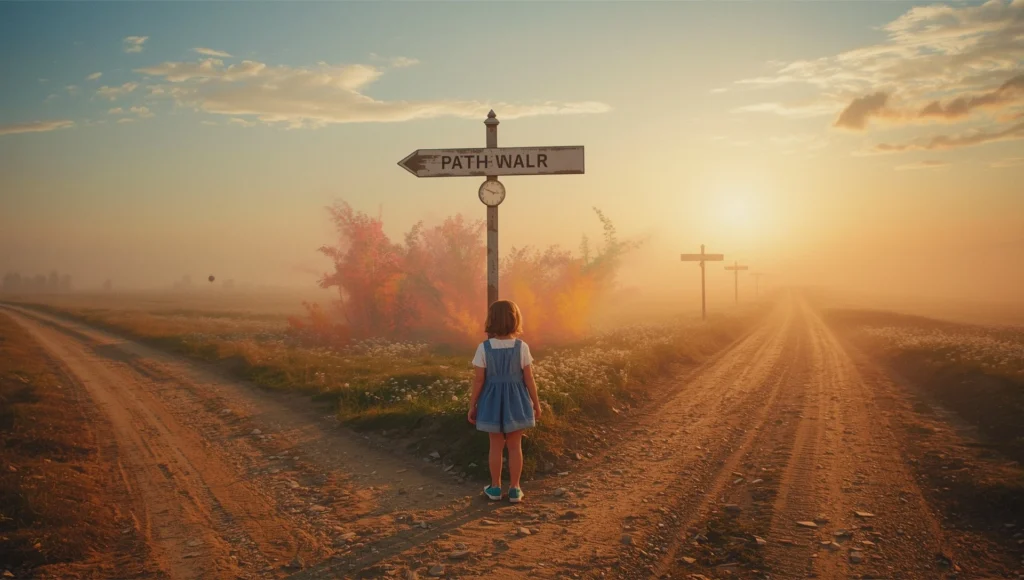 child at crossroads at sunrise symbolic scene