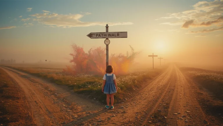 child at crossroads at sunrise symbolic scene
