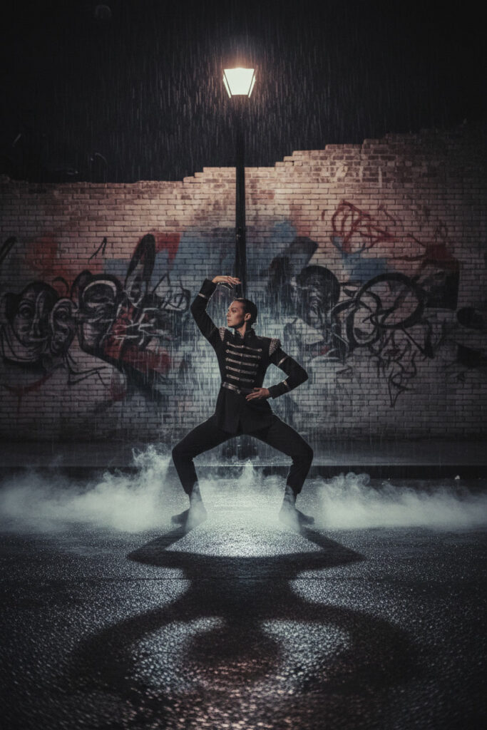 dancer under street lamp in rainy urban scene