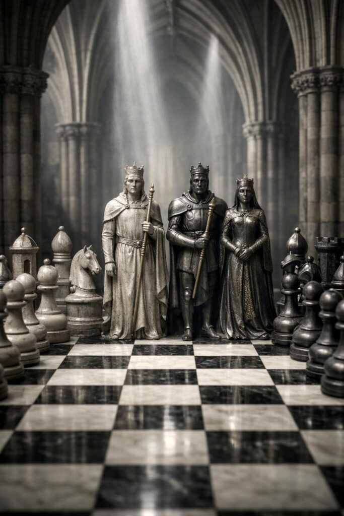 Monumental medieval castle with stone chess columns and rulers.