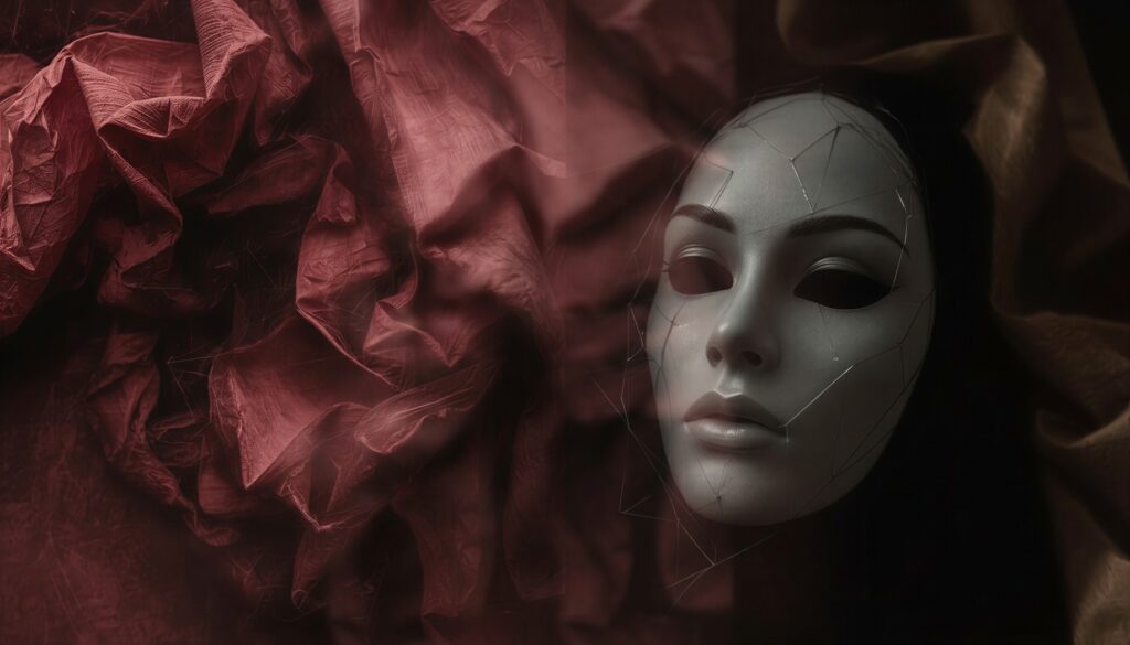 White theatrical mask with fine cracks and fractures set against dark burgundy drapery.