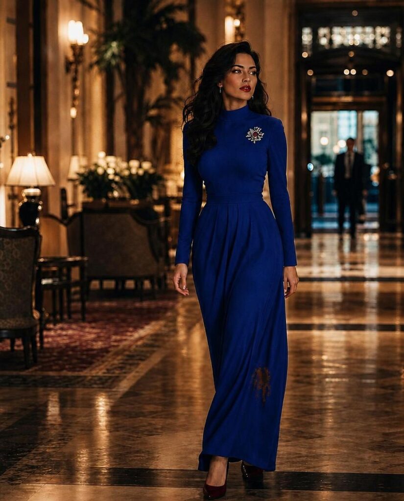 Woman in an indigo blue dress leaving a formal event in a luxury hotel, with a visible stain on the lower part of the dress.