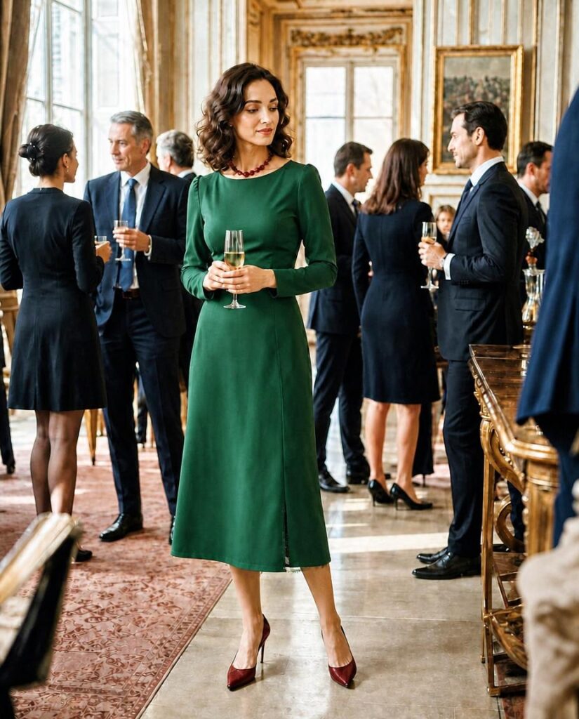 Woman in a green dress with a frayed hem attending an elegant embassy reception.