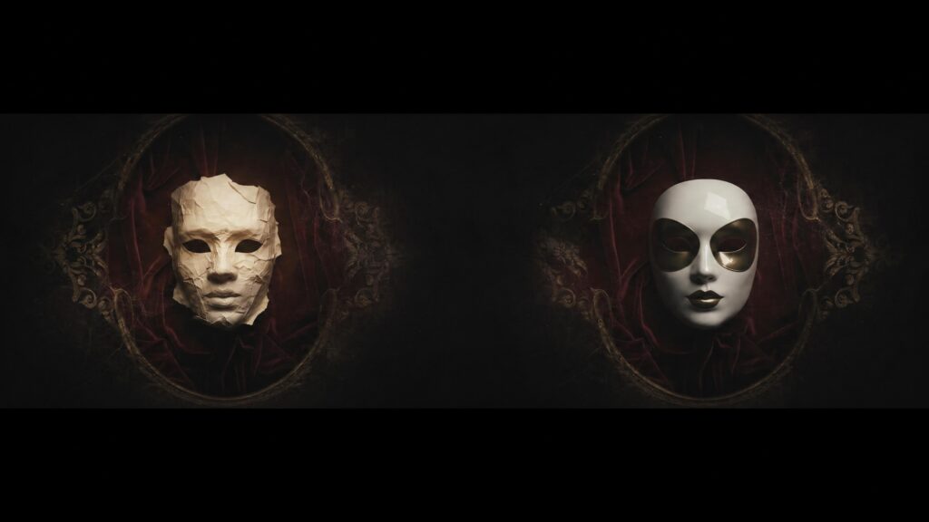 Two theatrical masks symbolizing identity and transformation
