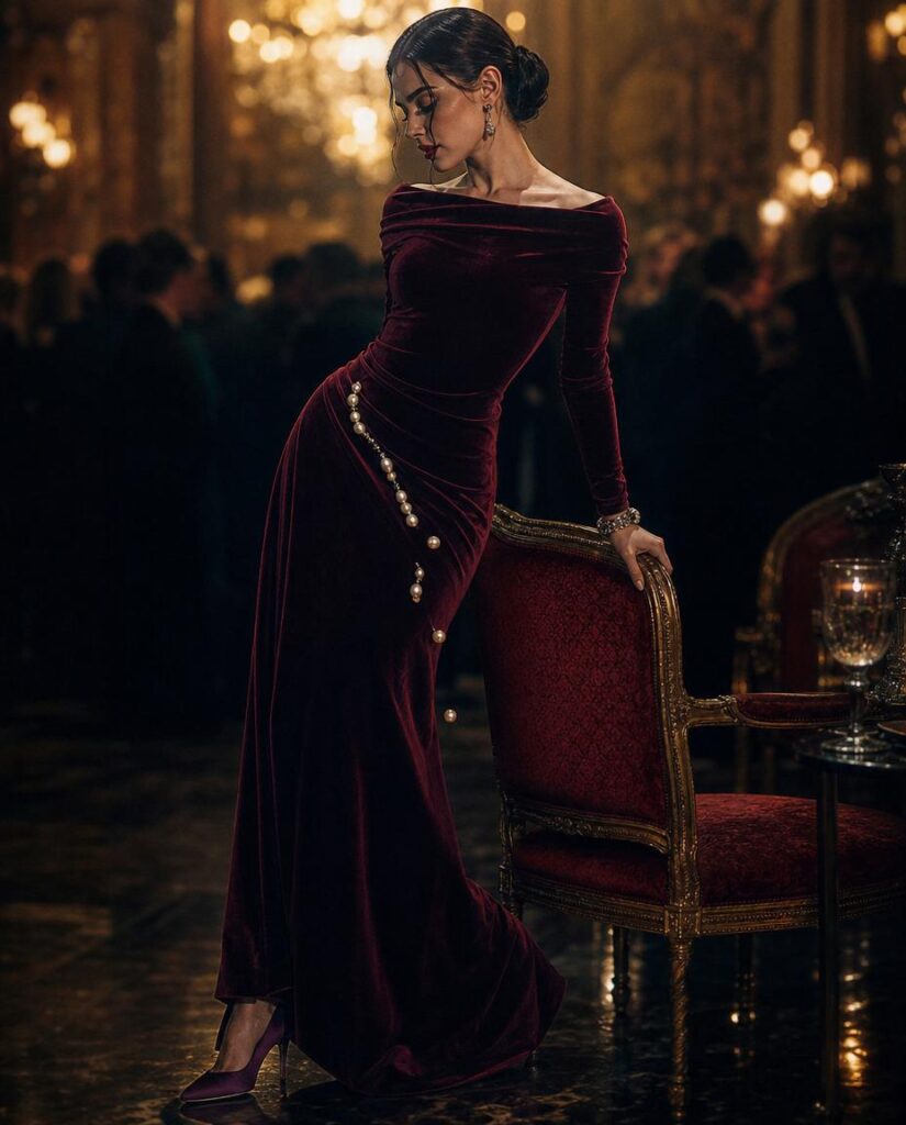 Woman in a burgundy velvet dress decorated with a pearl strand, standing at an elegant evening event.
