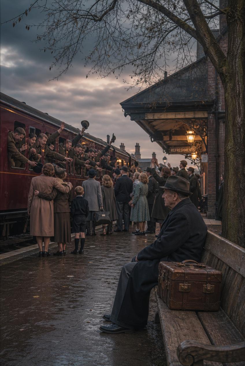 The train station full of people, while an elderly man is sitting on the bench beside his old suitcase.