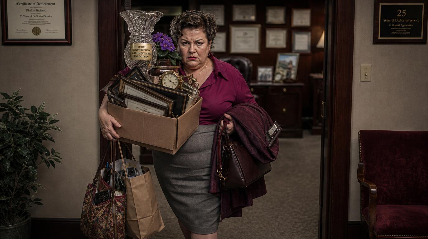 The secretary is leaving the office carrying all her belongings.