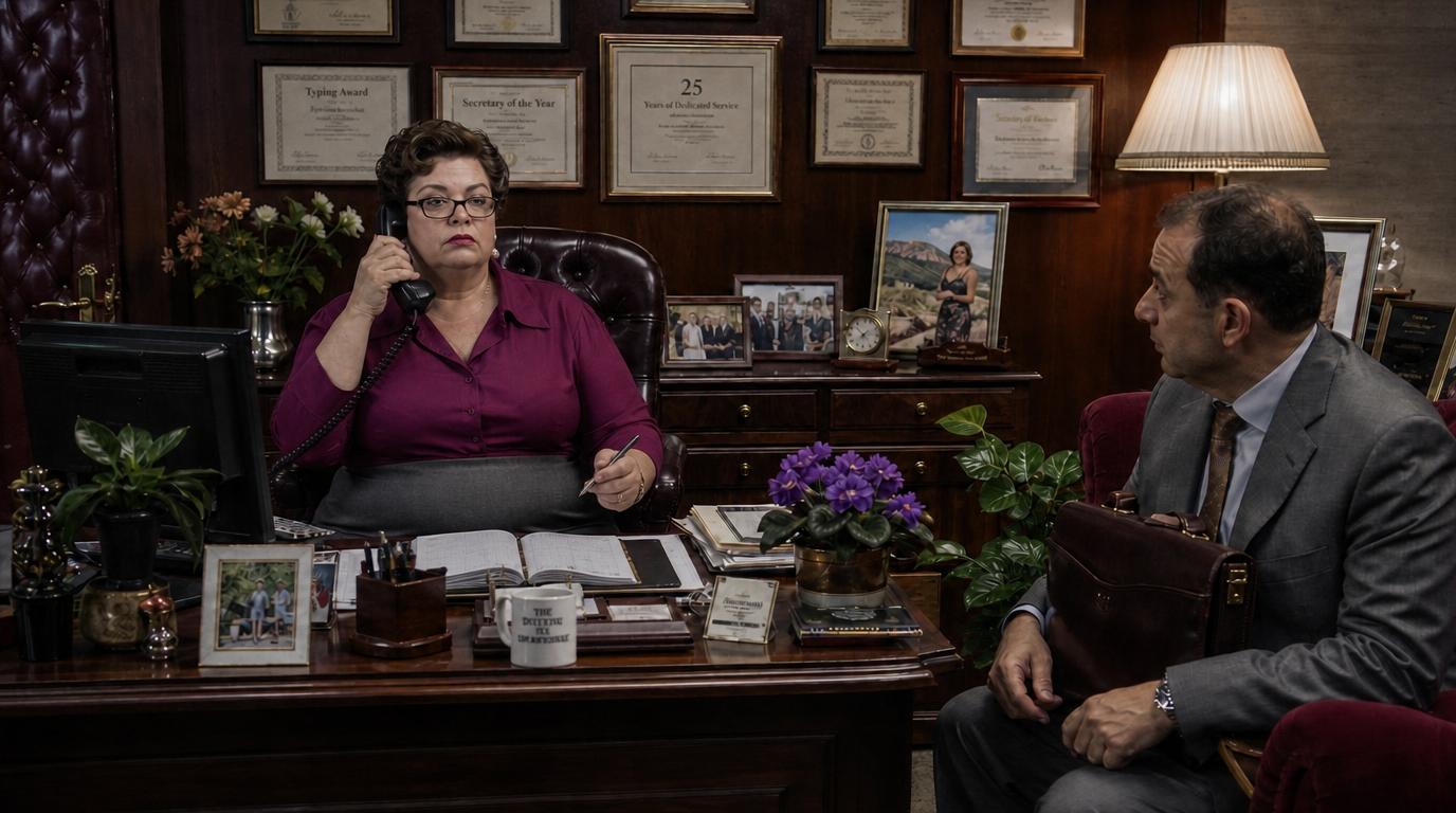 The same office. Sitting at her desk, a secretary's expression shifts from disbelief to worry during a landline phone call, her hand frozen in mid-air.
