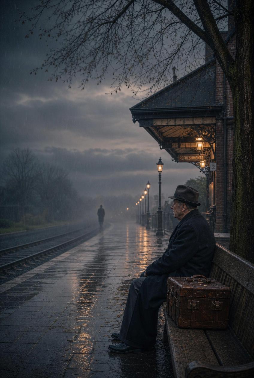 The elderly man is still sitting on the bench beside his precious suitcase. Rain doesn't bother him. He is calm in his world.
