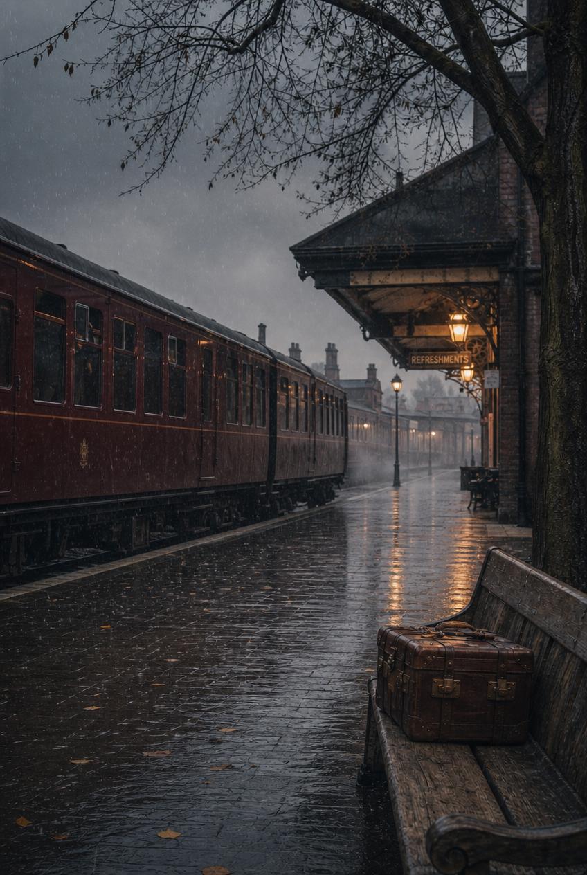 The railway station is empty. The elderly man is gone. The suitcase is still on the bench; a train is empty. The station is empty.