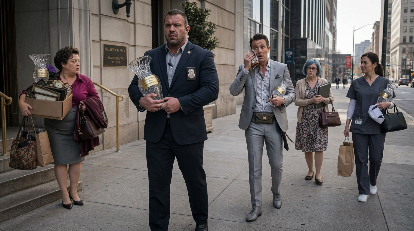Five dismissed workers carrying personal belongings and matching crystal vases walk together along a city street.